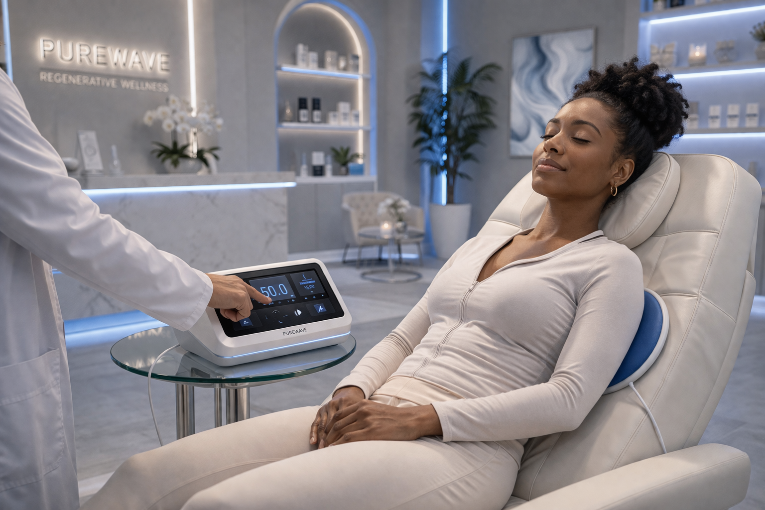 Practitioner adjusting the PureWave Ultra touchscreen console while a client reclines with the round applicator in a wellness studio