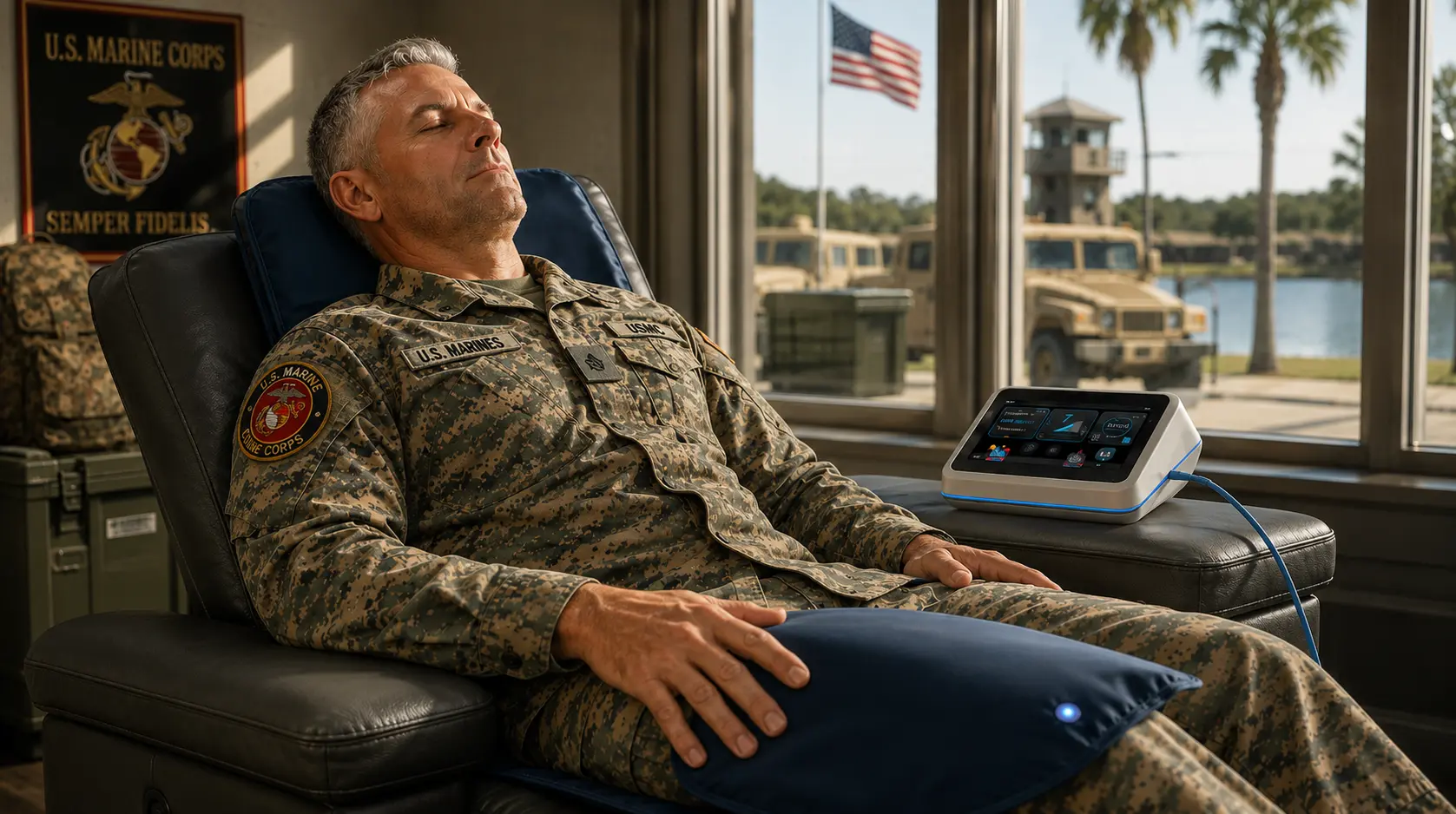 Man relaxing in a recliner with the PureWave Ultra mat and console