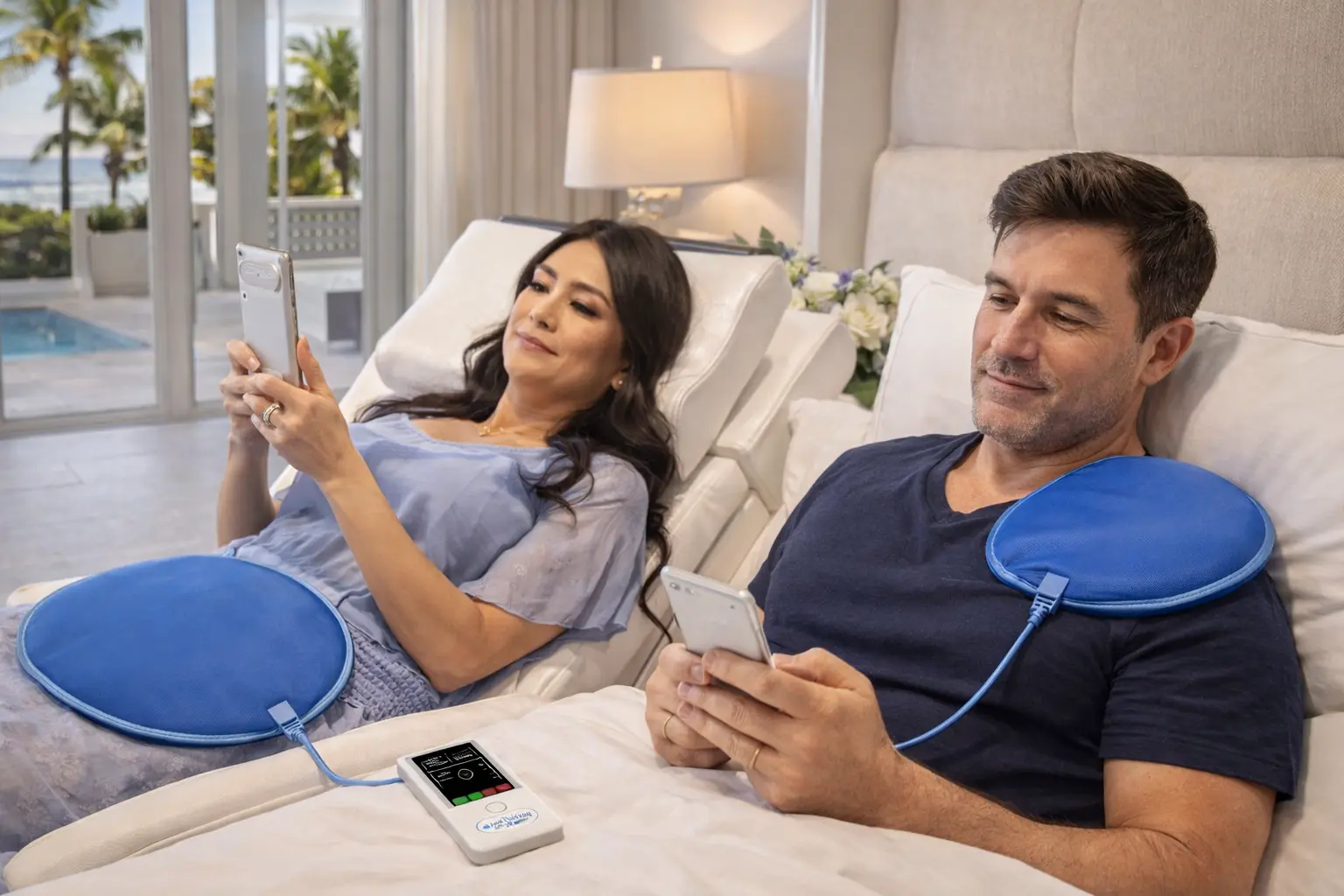 Couple relaxing in bed using PureWave Travel round applicators
