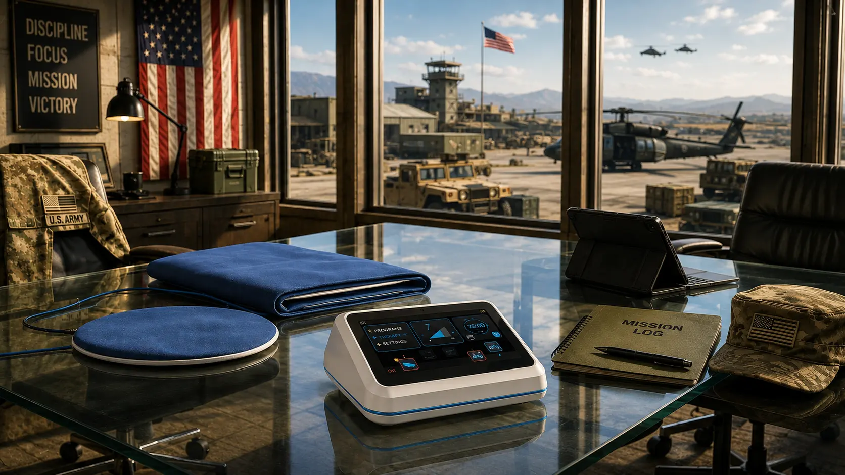 PureWave Ultra console, folded full-body mat and round applicator on a glass desk