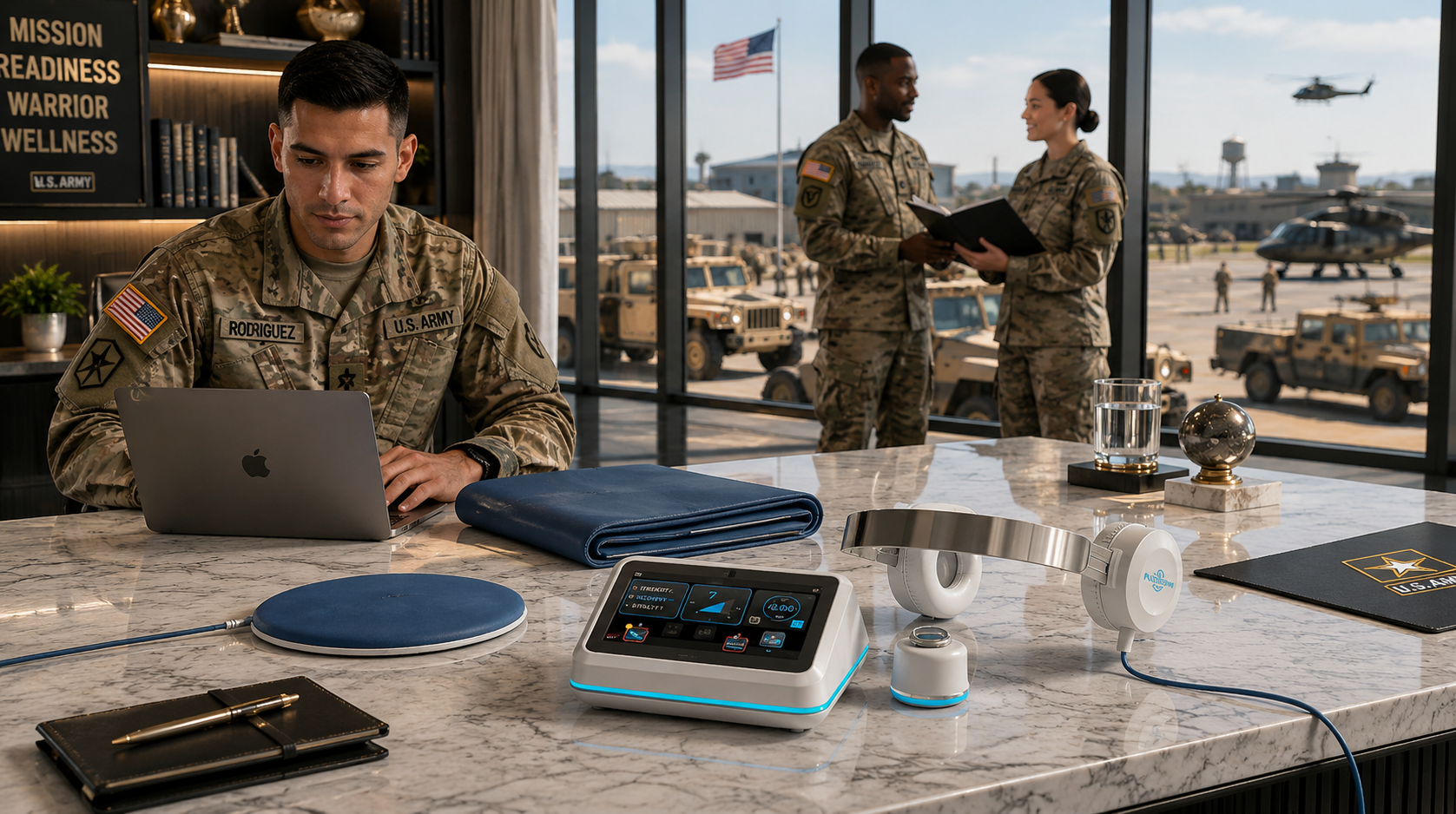 PureWave Ultra console, mat and headset applicator on a desk in a military readiness office