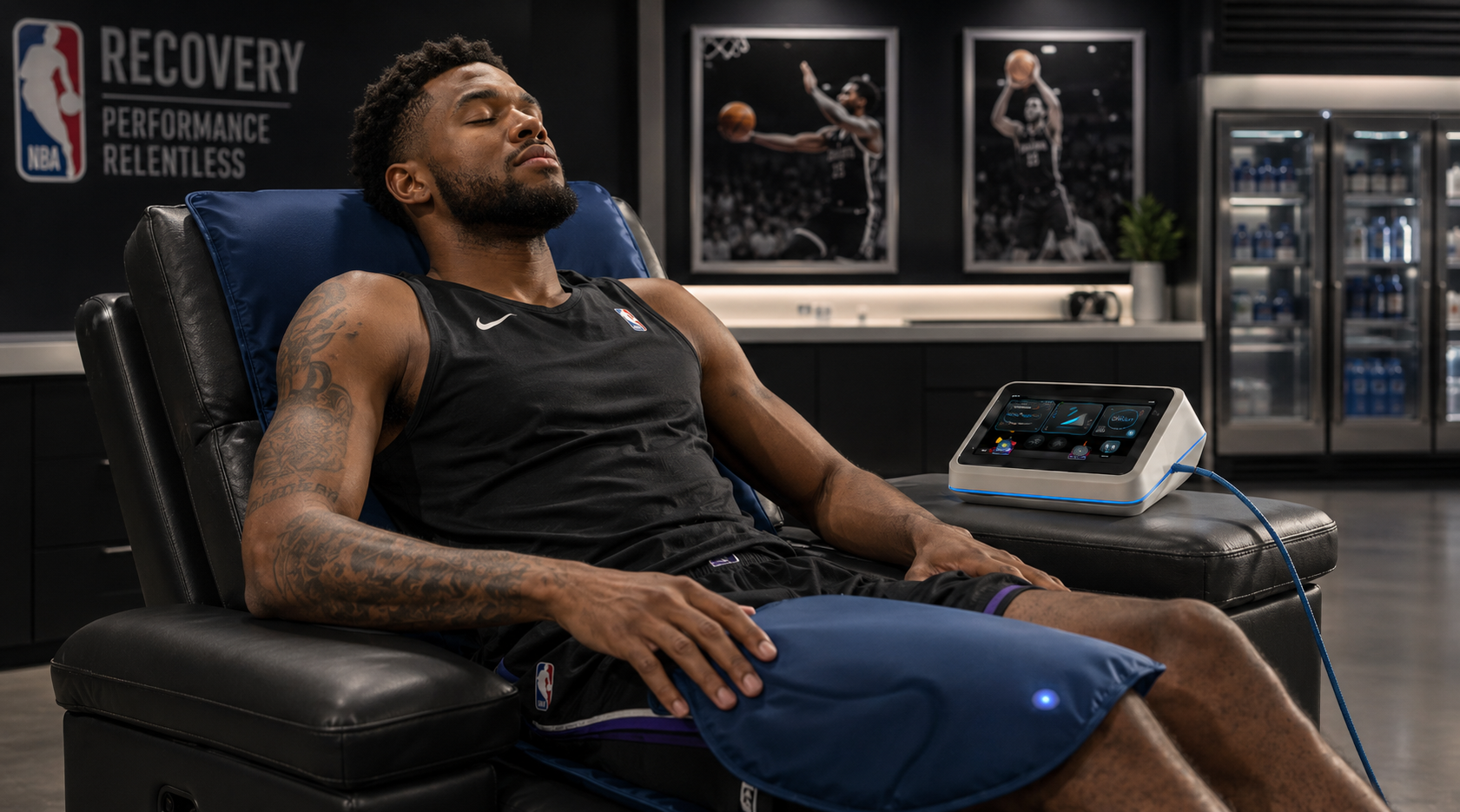 Professional basketball player recovering in a lounge chair with the PureWave Ultra console and applicator