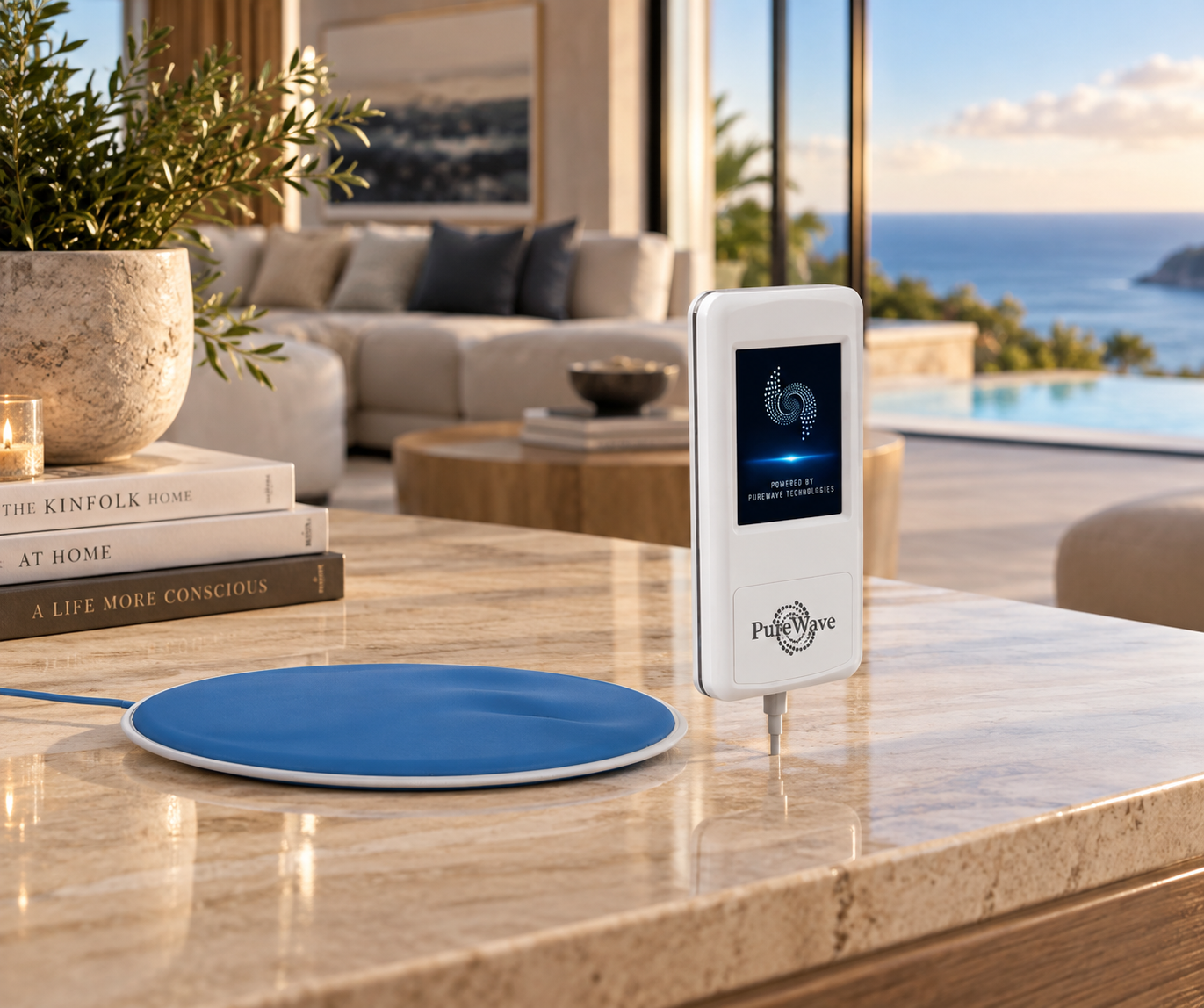 PureWave Travel handheld controller and round applicator on a marble table in a coastal villa