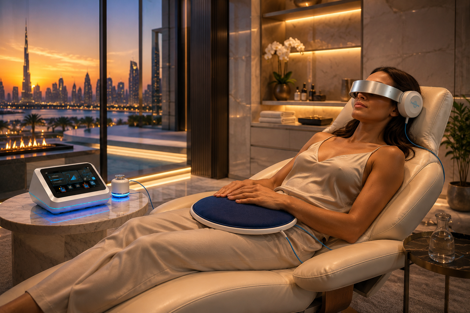 Woman enjoying a PureWave Ultra session with headset and mat in a luxury penthouse at sunset