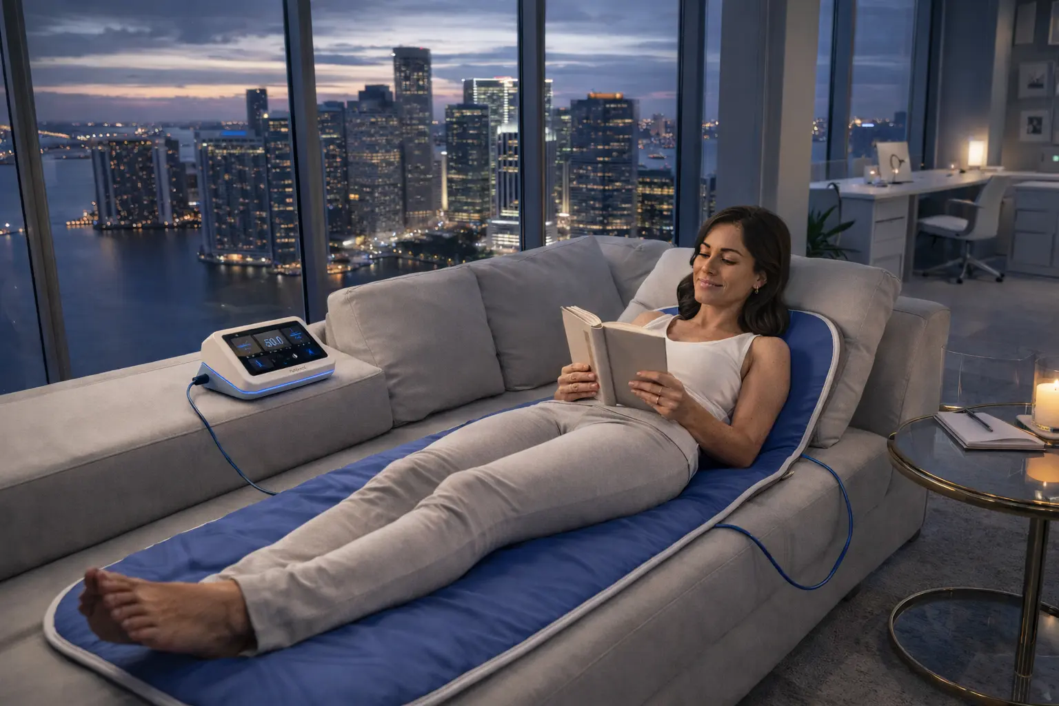 Woman reading on the PureWave Ultra full-body mat in a city-view apartment at dusk
