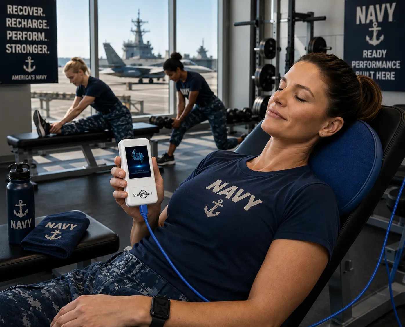 Woman recovering after training holding the PureWave Travel controller