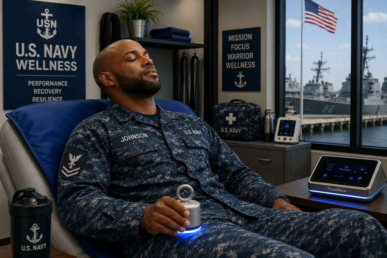 Service member resting during a PureWave Ultra session in a recovery room