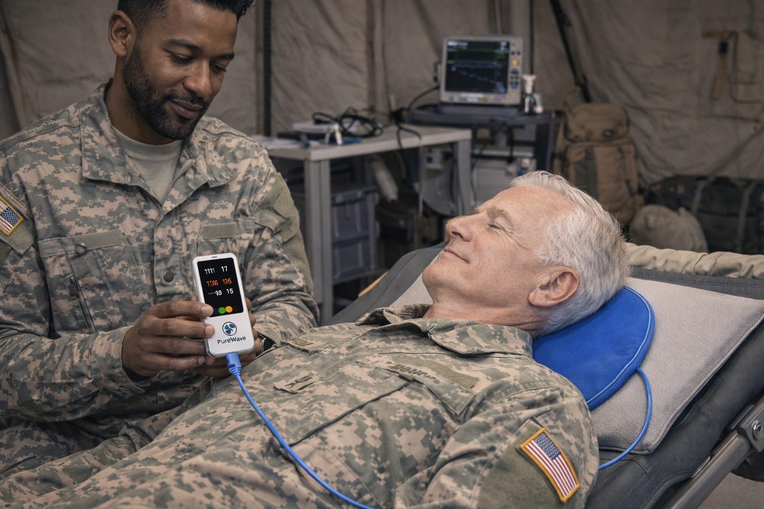 Service member holding the PureWave Travel controller beside a resting colleague with a round applicator behind his neck